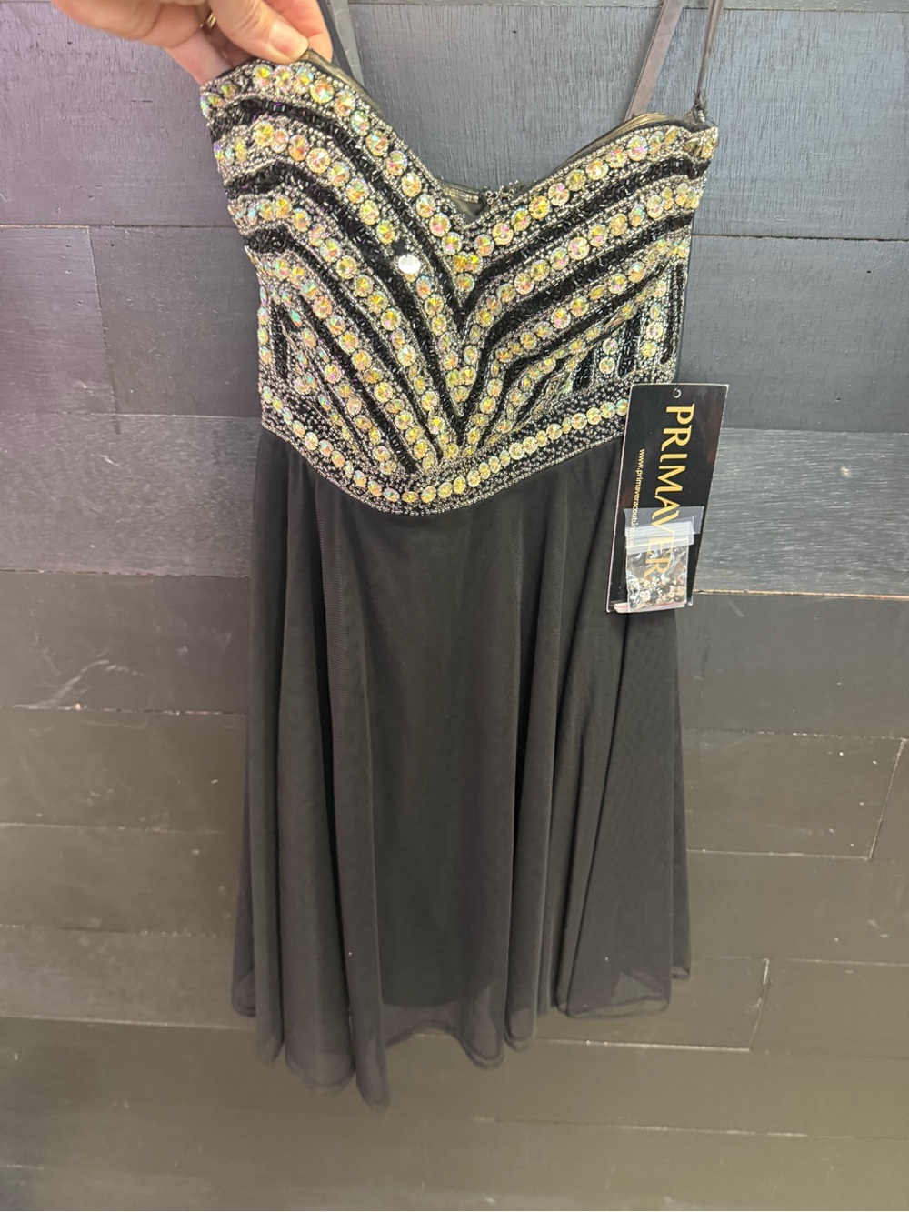 Primavera Couture Black Prom Dress with Iridescent Beaded Bodice